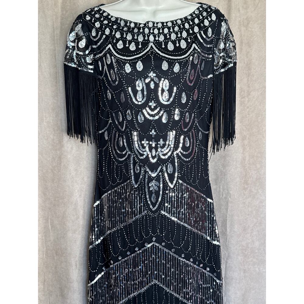 Unique Vintage Black & Silver Sequin Fringe Sleeved Laure Flapper Dress M NWOT - Picture 5 of 10